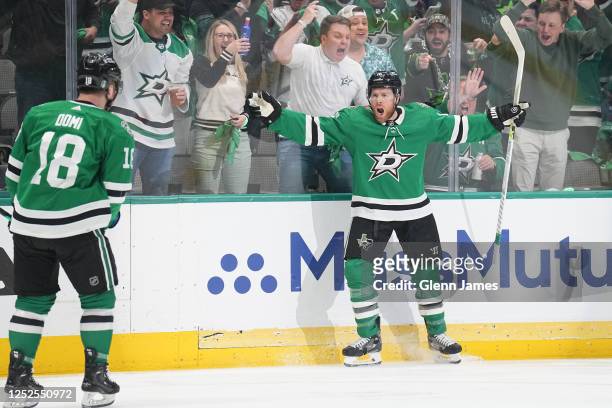 Max Domi and Joe Pavelski of the Dallas Stars celebrate a goal against the Seattle Kraken in Game One of the Second Round of the 2023 Stanley Cup...