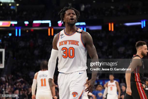 Julius Randle of the New York Knicks celebrates a play during the game against the Miami Heat during Round 2 Game 2 of the 2023 NBA Playoffs on May...