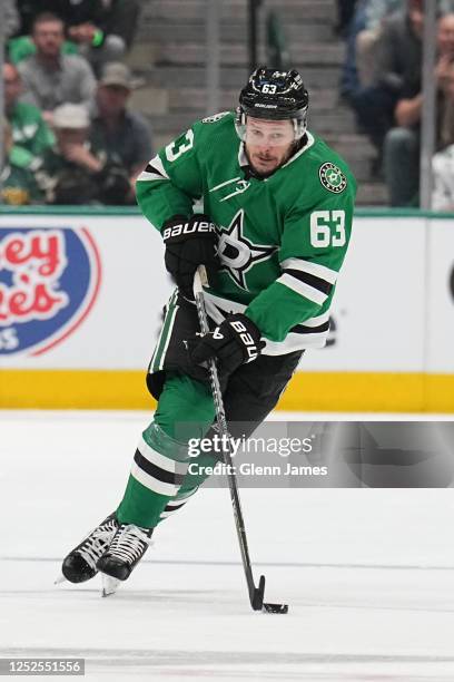 Evgenii Dadonov of the Dallas Stars skates against the Seattle Kraken in Game One of the Second Round of the 2023 Stanley Cup Playoffs at American...