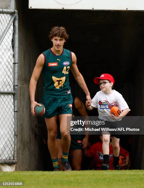 Junior footballers are seen during the AFL Tasmanian Team Announcement at North Hobart Oval on May 03, 2023 in Hobart, Australia.