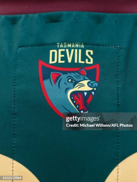 The Tasmania Devils logo is seen during the AFL Tasmanian Team Announcement at North Hobart Oval on May 03, 2023 in Hobart, Australia.