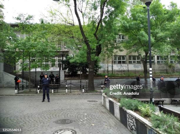 Police take security measures around the elementary school after a 7th grade student opened fire at the school, in Belgrade, Serbia on May 03, 2023....