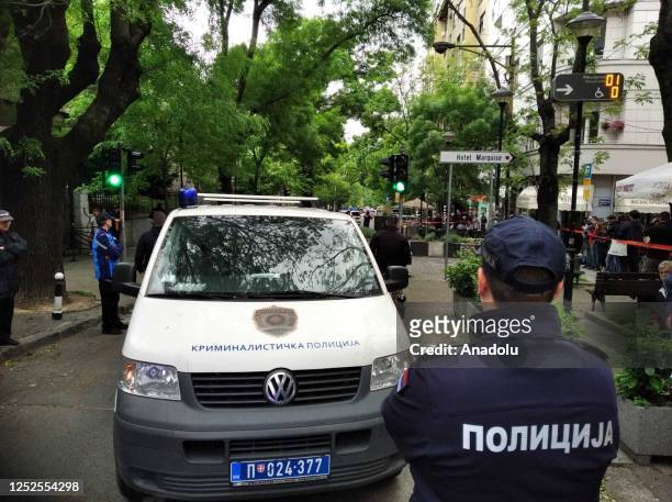 Police take security measures around the elementary school after a 7th grade student opened fire at the school, in Belgrade, Serbia on May 03, 2023....