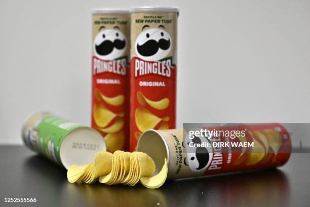 New recyclable paper version of the trademark tube container of the Pringles potato chips pictured at the Mechelen production site on Wednesday 03...