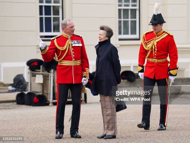 The Princess Royal, as Colonel of The Blues and Royals , is greeted by Major General Christopher Ghika upon her arrival for her visit to Wellington...
