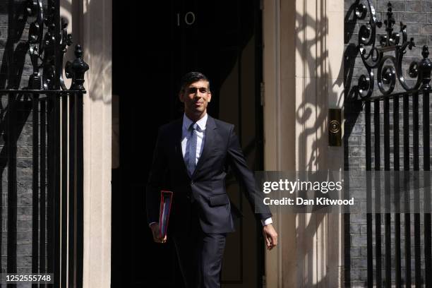 Prime Minister Rishi Sunak leaves 10 Downing Street to attend PMQs on May 3, 2023 in London, England. Prime Minister's Questions takes place weekly...