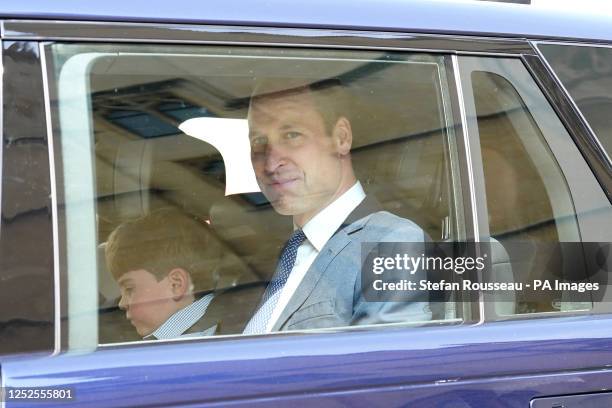 Prince Louis and the Prince of Wales leaving Westminster Abbey in central London, following a rehearsal for the coronation of King Charles III....