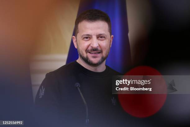 Volodymyr Zelenskiy, Ukraine's president, speaks during a joint news conference with Sauli Niinisto, Finland's president, in Helsinki, Finland, on...