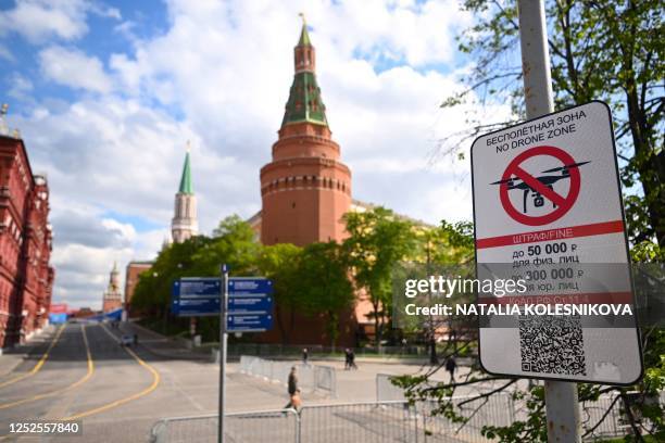 No Drone Zone" sign sits just off the Kremlin in central Moscow as it prohibits unmanned aerial vehicles flying over the area, on May 3, 2023. -...