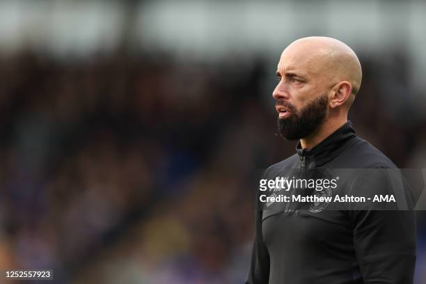 Aaron Wilbraham the assistant manager of Shrewsbury Town during the Sky Bet League One between Shrewsbury Town and Bristol Rovers at Montgomery...