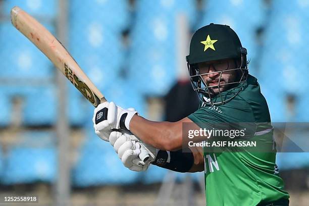 Pakistan's Imam-ul-Haq plays a shot during the third one-day international cricket match between Pakistan and New Zealand at the National Stadium in...