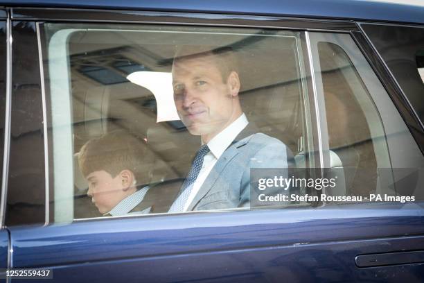 Prince Louis and the Prince of Wales leaving Westminster Abbey in central London, following a rehearsal for the coronation of King Charles III....