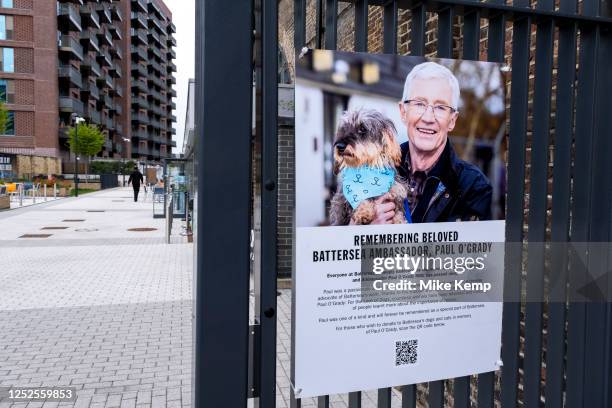 Poster in memorial outside Battersea Dogs and Cats Home for their ambassador Paul O'Grady on 26th April 2023 in London, United Kingdom.
