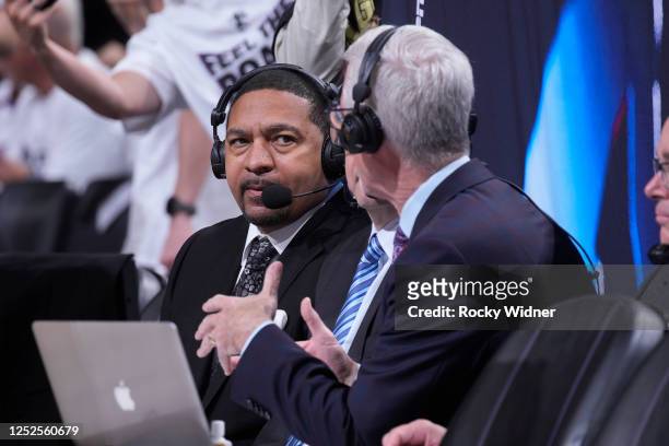 Analyst, Mark Jackson reports on the game between the Golden State Warriors and Sacramento Kings during Round 1 Game 7 of the 2023 NBA Playoffs on...