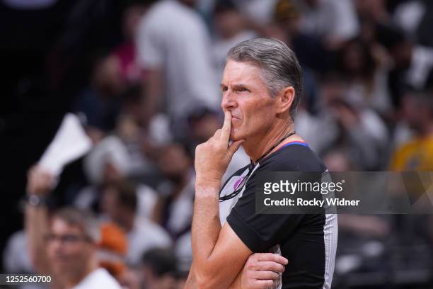 Referee Scott Foster looks on during the game between the Golden State Warriors and Sacramento Kings during Round 1 Game 7 of the 2023 NBA Playoffs...