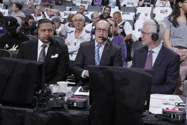 Analysts, Mark Jackson, Jeff Van Gundy, and Mike Breen report on the game between the Golden State Warriors and Sacramento Kings during Round 1 Game...