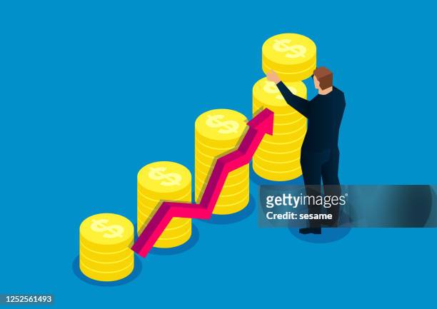 growing business, increasing the height of gold coin stacks, successful businessmen - retirement vector stock illustrations