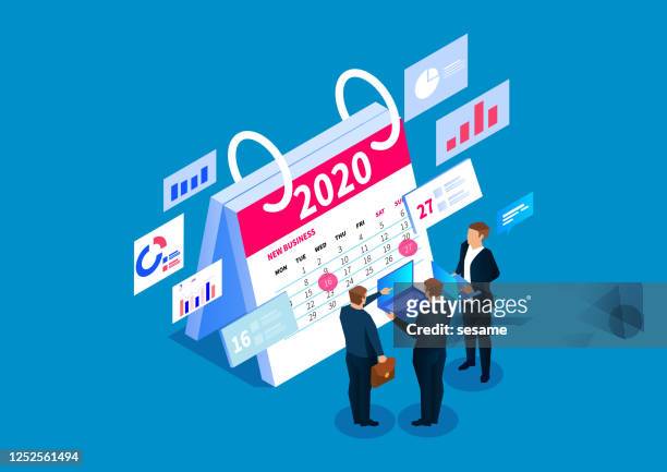 businessman team standing next to a calendar to study new business plan, business event planning time schedule - event planner stock illustrations
