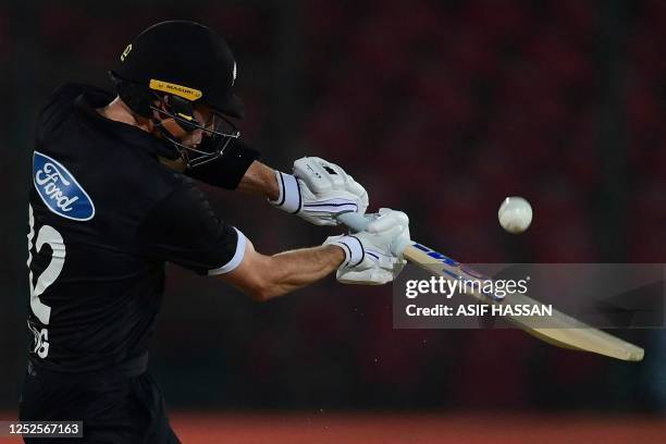 New Zealand's Will Young plays a shot during the third one-day international cricket match between Pakistan and New Zealand at the National Stadium...