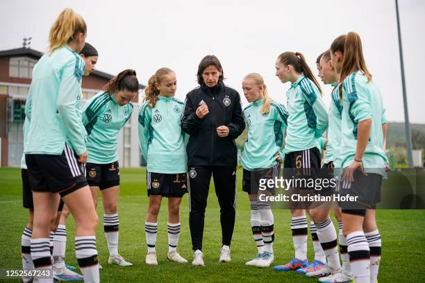 Headcoach Bettina Wiegmann of U15 Girls Germany gives instructions to her players prior to the International Friendly match between U15 Girls Hungary...