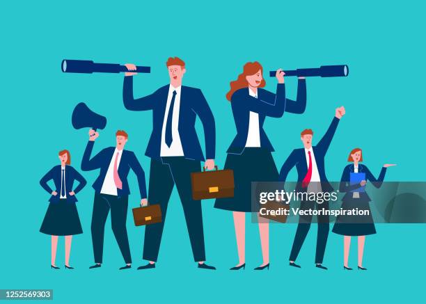 ideal team, successful team, business vision, business concept illustration - looking through an object stock illustrations