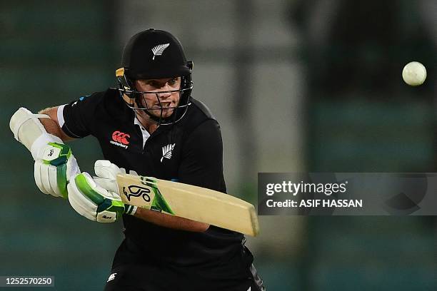 New Zealand's captain Tom Latham plays a shot during the third one-day international cricket match between Pakistan and New Zealand at the National...