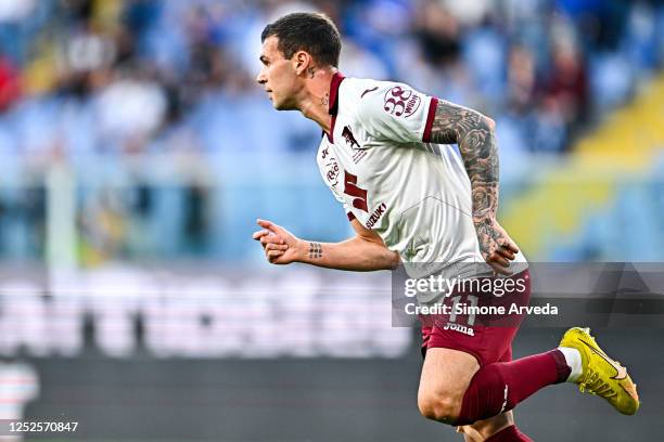 Pietro Pellegri of Torino celebrates after scoring a goal during the Serie A match between UC Sampdoria and Torino FC at Stadio Luigi Ferraris on May...