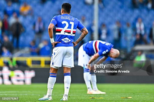 Jeison Murillo and Bram Nuytinck of Sampdoria react with disappointment after Pietro Pellegri of Torino has scored a goal during the Serie A match...