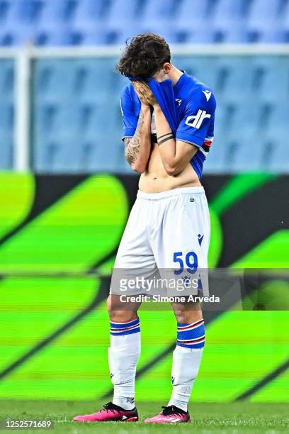 Alessandro Zanoli of Sampdoria reacts with disappointment after the Serie A match between UC Sampdoria and Torino FC at Stadio Luigi Ferraris on May...