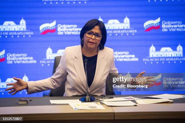 Delcy Rodriguez, Venezuela's vice president, during a news conference at Miraflores Palace in Caracas, Venezuela, on Wednesday, May 3, 2023....