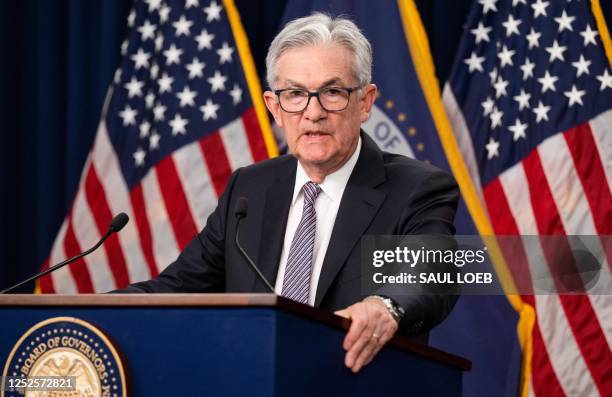Federal Reserve Board Chair Jerome Powell speaks during a news conference at the Federal Reserve in Washington, DC, on May 3, 2023. - The Fed has...