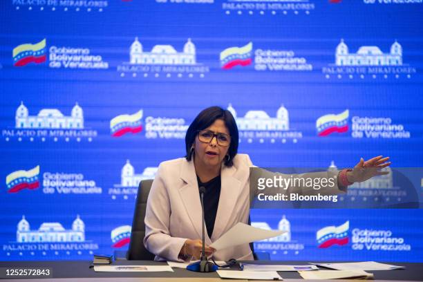 Delcy Rodriguez, Venezuela's vice president, gestures as she speaks during a news conference at Miraflores Palace in Caracas, Venezuela, on...
