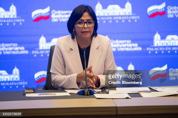Delcy Rodriguez, Venezuela's vice president, during a news conference at Miraflores Palace in Caracas, Venezuela, on Wednesday, May 3, 2023....