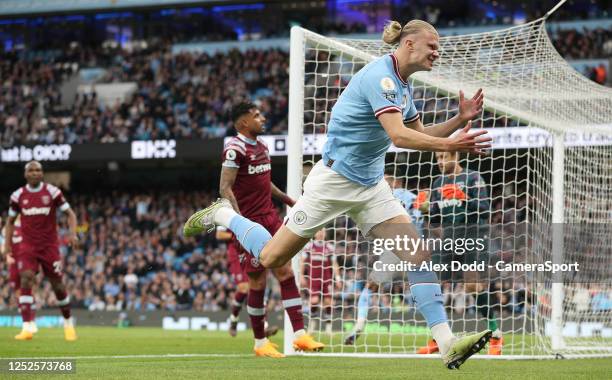 Manchester City's Erling Haland reacts as he heads wide of target during the Premier League match between Manchester City and West Ham United at...