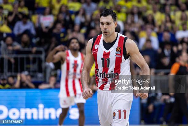 Kostas Sloukas, #11 of Olympiacos Piraeus celebrate victory after the 2022/2023 Turkish Airlines EuroLeague Play Offs Game 3 match between Fenerbahce...