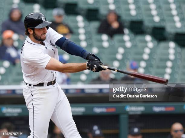 Matt Vierling of the Detroit Tigers singles against the New York Mets during the eighth inning of game one of a doubleheader at Comerica Park on May...