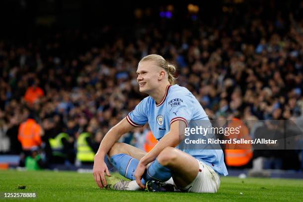 Erling Haaland of Manchester City celebrates 35 premier league goals which is the record number of goals in a season during the Premier League match...