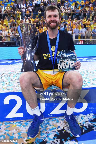 John Shurna, #14 of Gran Canaria poses for a picture with the MVP and Final trophy at the end of the 7DAYS EuroCup Basketball Finals Championship...