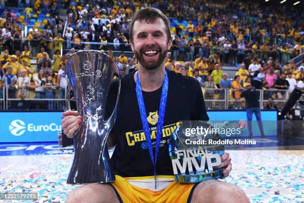 John Shurna, #14 of Gran Canaria pose for a picture with the MVP and Final trophies the 7DAYS EuroCup Basketball Finals Championship game between CB...