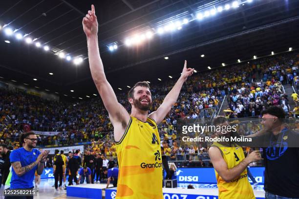 John Shurna, #14 of Gran Canaria celebrates at the end of the 7DAYS EuroCup Basketball Finals Championship game between CB Gran Canaria v Turk...