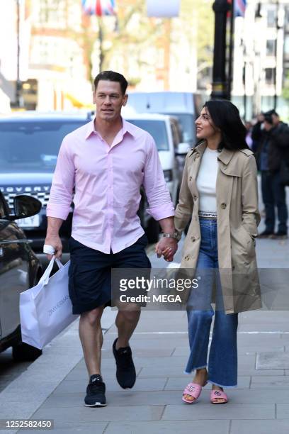 John Cena and Shay Shariatzadeh are seen out and about on May 3, 2023 in London, United Kingdom.