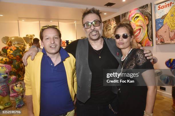 Mischa Aznavour, Jacky Jayet and Nikita Lespinasse attend "Jayet Et Ses Ours" Exhibition Preview at Galerie Art and Sound on June 25, 2020 in Paris,...