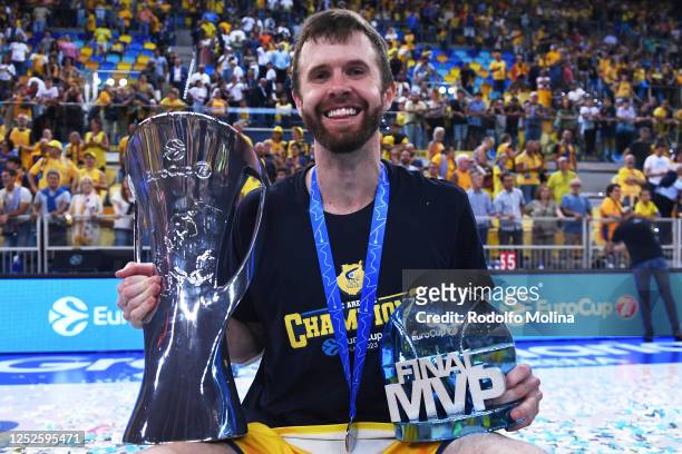 John Shurna, #14 of Gran Canaria pose for a picture with the MVP and Final trophies at the end of the 7DAYS EuroCup Basketball Finals Championship...