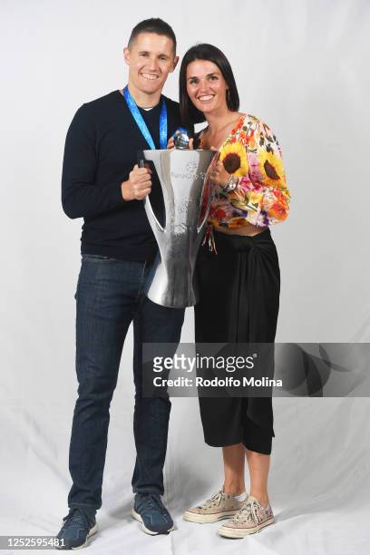 Jaka Lakovic, Head Coach of Gran Canaria poses with his wife Helena Boada and the Champion Trophy of 7DAYS EuroCup Basketball after the Final Game at...