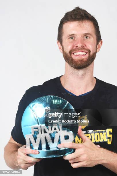 John Shurna, #14 of Gran Canaria poses with MVP Trophy of 7DAYS EuroCup Basketball after the Final Game at Gran Canaria Arena on May 03, 2023 in Las...