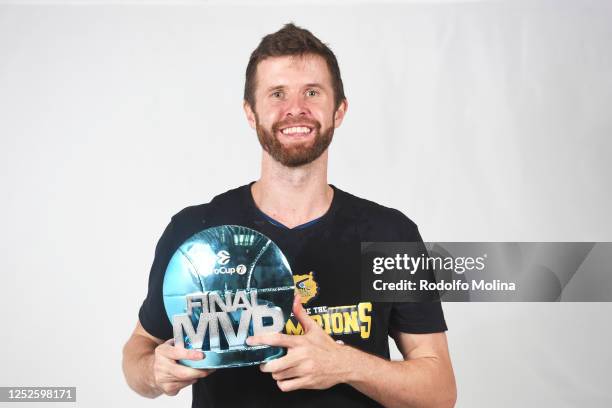 John Shurna, #14 of Gran Canaria poses with MVP Trophy of 7DAYS EuroCup Basketball after the Final Game at Gran Canaria Arena on May 03, 2023 in Las...