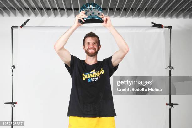 John Shurna, #14 of Gran Canaria poses with MVP Trophy of 7DAYS EuroCup Basketball after the Final Game at Gran Canaria Arena on May 03, 2023 in Las...