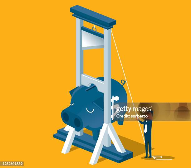 sparschwein - guillotine - guillotine stock-grafiken, -clipart, -cartoons und -symbole