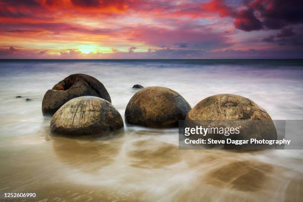 moeraki boulders sunrise - moeraki boulders stockfoto's en -beelden