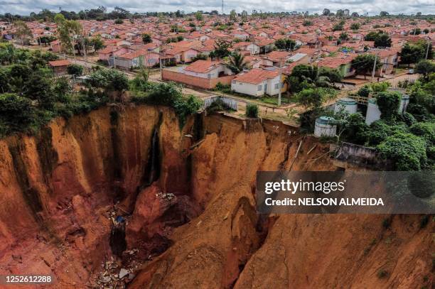 Aerial view of erosions in Buriticupu, Maranhao state, Brazil, taken on April 21, 2023. - An unusual phenomenon caused by a lack of urban planning...